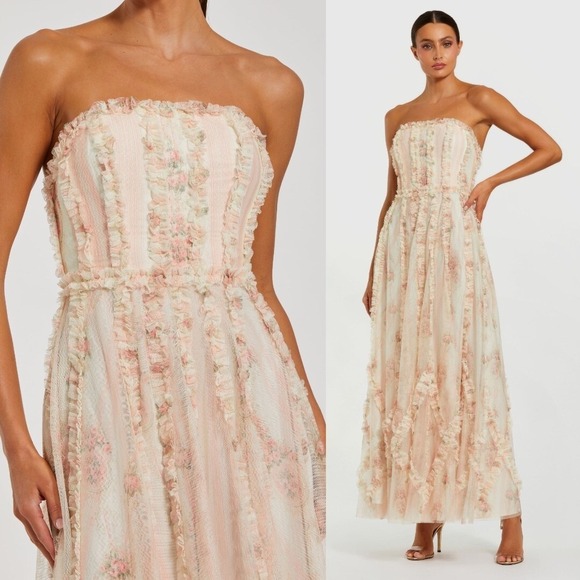 Mac Duggal NEW Pink and White Floral Micro Ruffle Mesh Strapless Dress - Size 0
